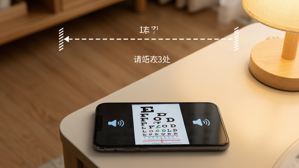 一部手机放置在桌面上,屏幕显示视力表测试界面,画面中出现距离校准的刻度线和语音播报图标,主体为手机与周围环境,布局上手机位于画面下方三分之一处,排版留有上方空间展示距离示意虚线,风格为温馨家居写实风,细节包括地板纹理、柔和灯光、屏幕上的“请站在3米处”中文提示文字,画质高清,干净,无多余元素