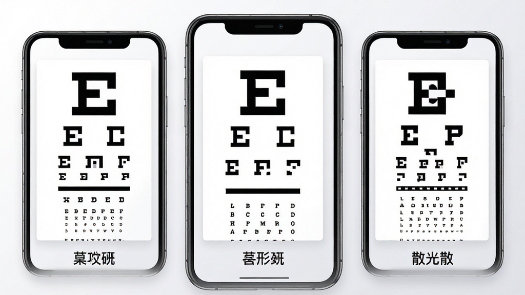 一部手机屏幕展示多种视力表样式的界面截图风格图,主体为手机屏幕内并排展示E字表、图形表、散光表三种不同视力表缩略图,布局为三列横向排列,排版整齐,风格为扁平化UI设计风,细节包括每种视力表下方配有中文标签说明,背景为柔和的白色到浅灰渐变,画质清晰,干净,无多余元素