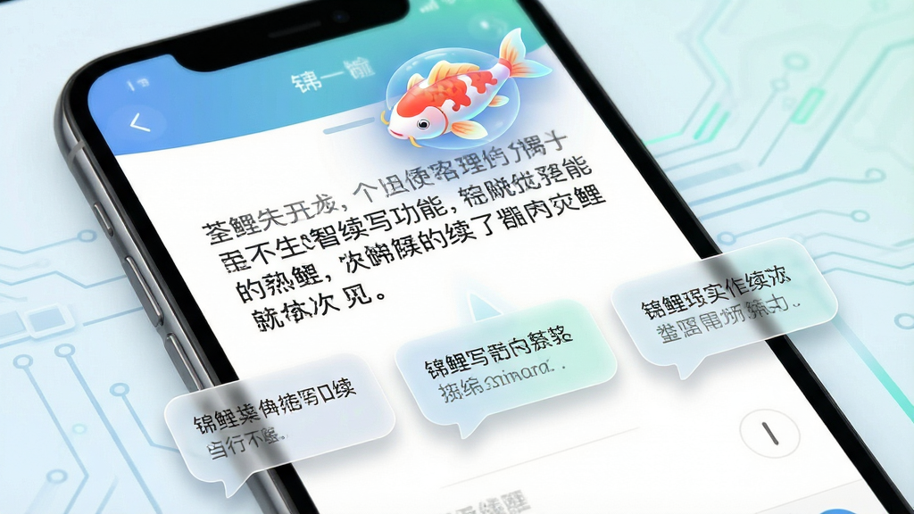 一张展示锦鲤写作智能续写功能的界面截图风格图片,画面主体为一部手机屏幕特写,屏幕中央显示一段未写完的中文段落,下方浮现三个半透明的续写建议气泡,气泡内带有文字预览,手机上方漂浮着一个发光的锦鲤图标,整体布局聚焦于屏幕内容,风格为科技感与清新感结合,细节包括气泡的柔和阴影、文字的清晰排版,画质干净,无多余元素