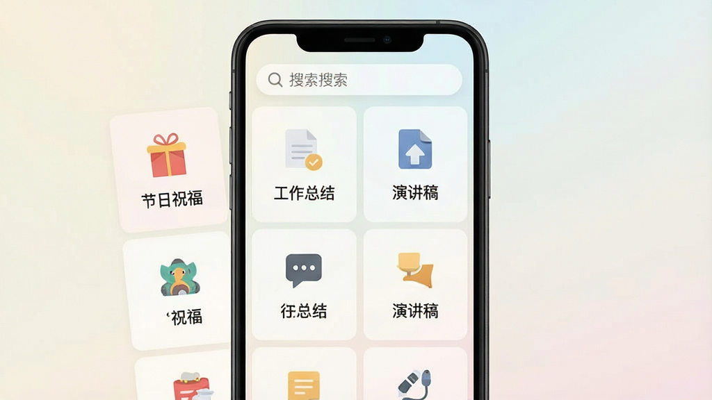 一张展示锦鲤写作素材模板库界面的图片,画面为手机屏幕的网格状布局,每个格子代表一个写作模板分类,如“节日祝福”“工作总结”“演讲稿”,格子内有简洁的图标和文字标签,屏幕顶部有搜索栏,背景为柔和的浅色渐变,整体风格清爽整齐,细节包括图标的扁平化设计和文字的清晰可读,画质干净,无多余元素