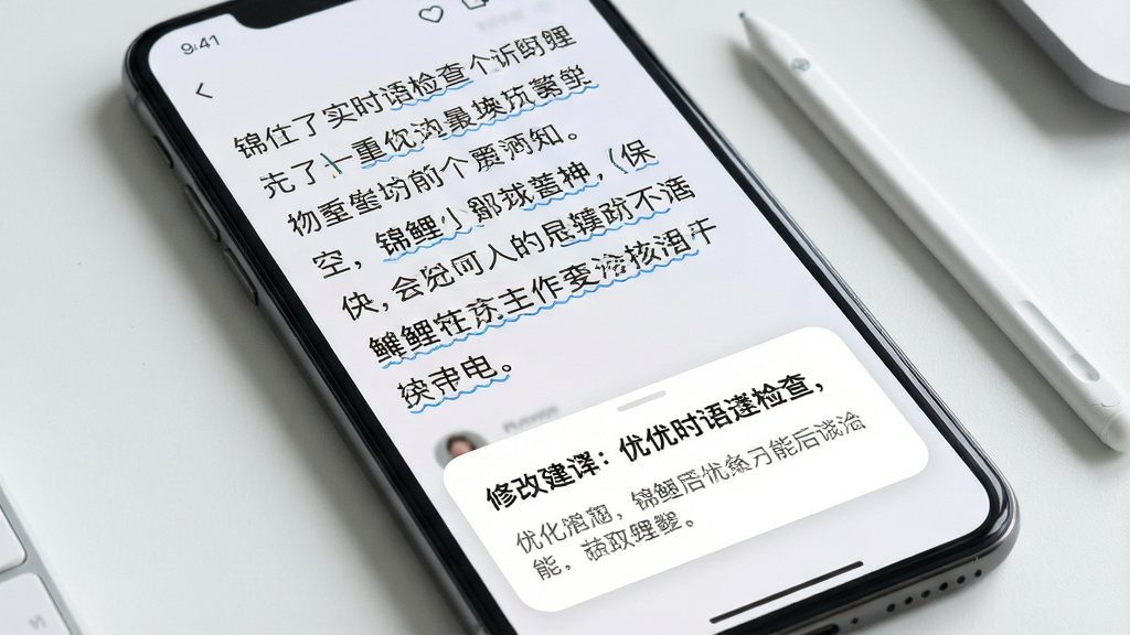 一张展示锦鲤写作实时语法检查功能的图片,画面为手机屏幕显示一段中文文本,部分词语下方有蓝色波浪线标记,屏幕底部弹出修改建议卡片,卡片上写着优化后的表达,手机旁边有一支触控笔,整体布局以屏幕为中心,风格为简洁办公风,细节包括波浪线的细腻质感和卡片的圆角设计,画质清晰,无多余元素