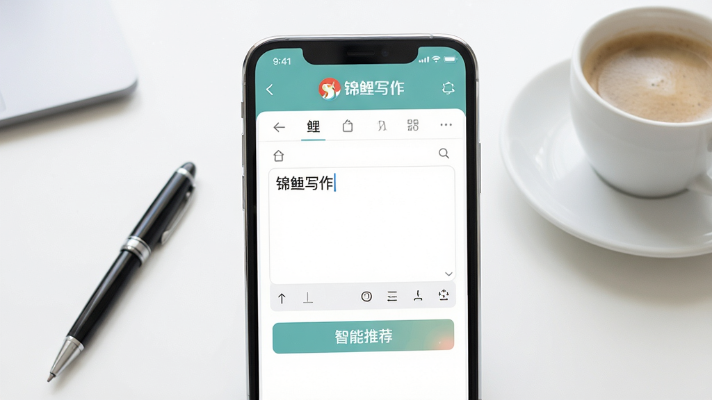 一张展示锦鲤写作手机应用主界面的场景图,画面中央是一部竖屏智能手机,屏幕显示锦鲤写作APP的编辑界面,顶部有锦鲤写作的标识,界面内有文字输入框和智能推荐按钮,背景是干净的书桌,桌上有一支笔和一杯咖啡,整体布局简洁,采用清新明亮的现代风格,细节包括手机边缘的高光、屏幕内的柔和配色,画质清晰,干净,无多余元素