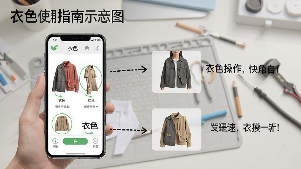 衣色使用指南示意图,画面展示手机屏幕上的衣色应用界面与操作步骤标注,背景为简洁工作台,风格教学示意,画质清晰,画面中带有衣色字样