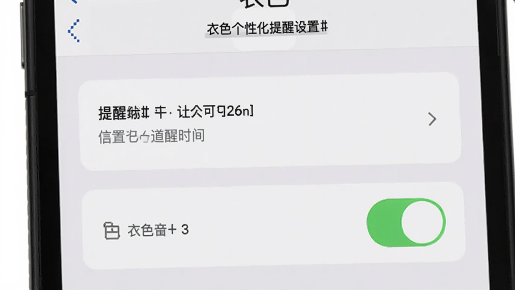 衣色个性化提醒设置界面,手机屏幕显示提醒时间设置选项与开关按钮,背景为浅灰色,布局简洁,风格实用,画质清晰,画面中带有衣色字样