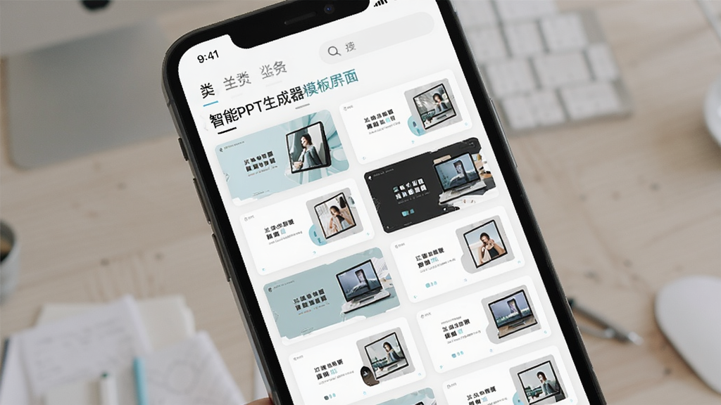 智能PPT生成器模板库界面展示图,主体为手机屏幕中呈现网格状排列的PPT模板缩略图,布局采用瀑布流式排版,风格为清新简约的浅色系设计,细节包括分类标签栏、搜索框、模板预览小图,画质清晰干净无多余元素