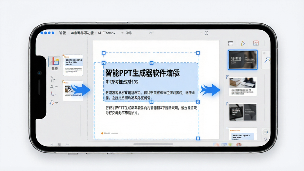 智能PPT生成器软件内AI自动排版功能演示界面,主体为手机屏幕中显示一份正在自动排版的PPT页面,布局为居中构图,排版展示标题与正文自动对齐效果,风格为简洁明快的商务科技风,细节包括蓝色高亮选中框、动态箭头指示、模板缩略图,画质高清干净无多余元素