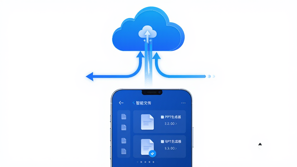 智能PPT生成器云端同步功能示意图,主体为手机与云朵图标之间的数据同步动画,布局为上下结构构图,排版展示文件从手机上传至云端的流程,风格为科技感十足的蓝色调设计,细节包括同步进度环、文件列表、账号头像,画质高清干净无多余元素