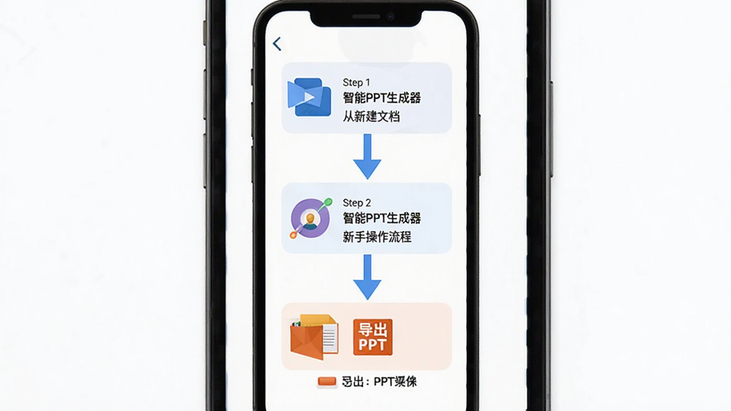 智能PPT生成器新手操作流程图,主体为手机屏幕中显示从新建文档到导出PPT的步骤指引,布局为竖向流程图排版,风格为简洁明快的扁平化设计,细节包括步骤编号、箭头连接、图标示意,画质高清干净无多余元素