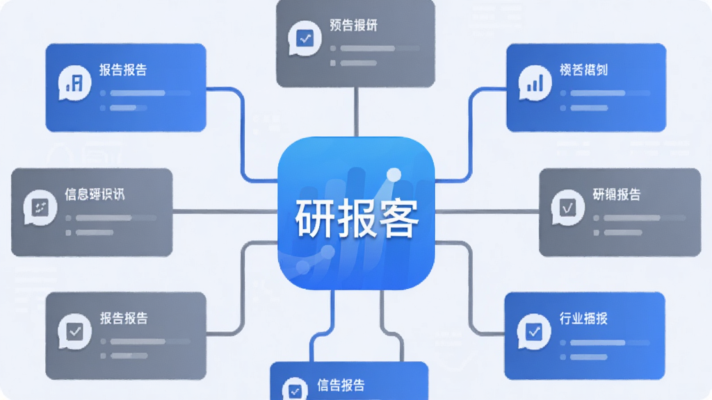 一幅信息聚合主题插画,画面中央是“研报客”应用图标,四周延伸出多条数据线连接不同行业的报告卡片,主体布局为放射状结构,风格为扁平化商务插画,细节包括蓝色与灰色卡片、简洁图标、浅色背景,画质清晰干净无多余元素