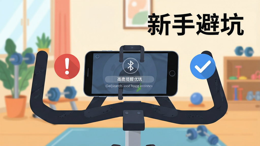 顽鹿竞技新手避坑指南示意图,画面展示一部安卓手机固定在动感单车把手上,手机屏幕显示蓝牙搜索界面,旁边有一个红色感叹号图标和蓝色对勾图标分别代表高危提醒和优化技巧,背景为居家健身房环境,风格为扁平插画风,构图简洁明了,色彩对比清晰,画质干净,无多余元素,图片中文字为“新手避坑”