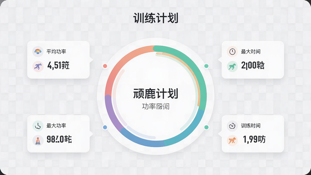 顽鹿竞技训练计划定制功能展示图,画面中央是一个环形进度条,进度条内显示当前功率区间颜色,环形外围有多个数据小卡片显示平均功率、最大功率和训练时间,背景为浅灰色网格纹理,风格为扁平化 UI 设计,排版整洁对称,色彩柔和,画质清晰,无多余装饰,图片中文字为“训练计划”