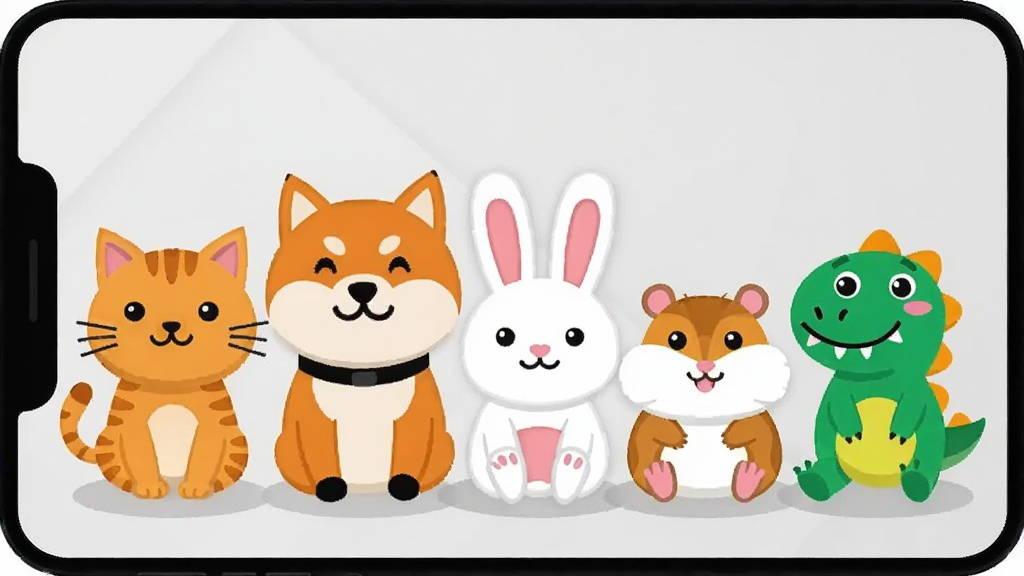 手机屏幕内并排坐着五只不同种类的卡通小动物,分别是橘猫、柴犬、白兔、仓鼠和绿色小恐龙,它们都面向屏幕外微笑,背景是淡雅的浅灰色,风格为扁平化卡通插画,色彩明快,画质清晰,构图整齐,无杂乱元素。