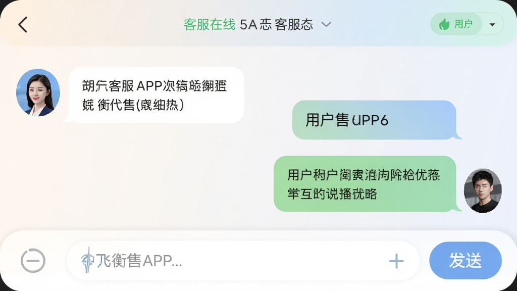 飞衡代售APP客服聊天界面截图,左侧为客服头像和消息气泡,右侧为用户消息,底部有输入框和发送按钮,顶部显示客服在线状态,界面配色柔和,圆角设计,排版清晰,画质细腻,无多余装饰元素