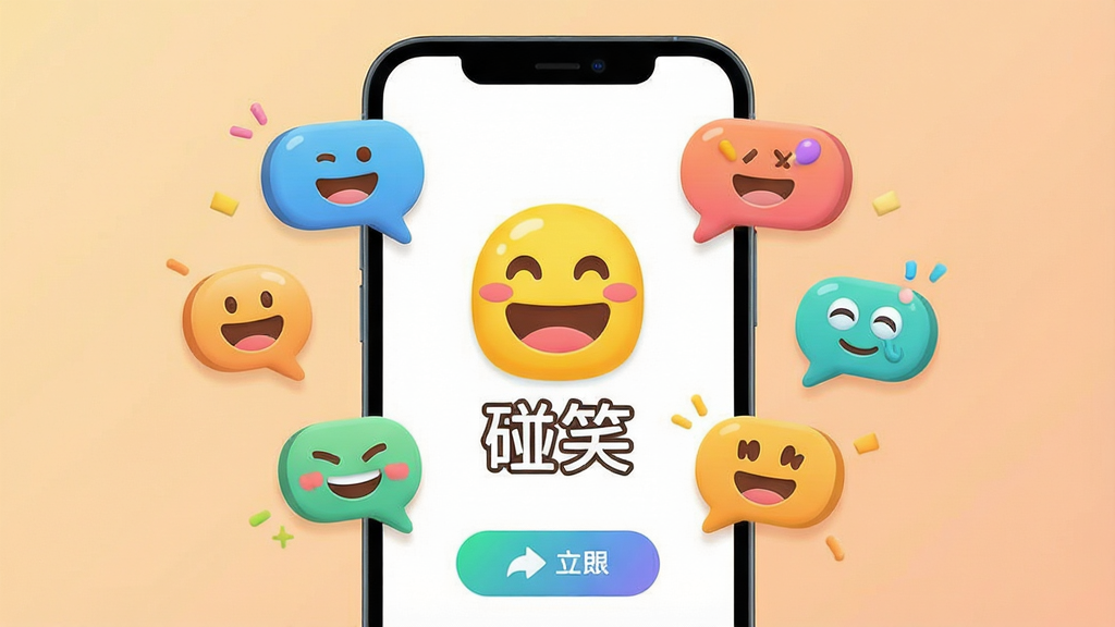 一张展示碰笑软件主界面的图片,画面中央是手机屏幕,屏幕上显示着色彩明快的卡通笑脸图标和“碰笑”应用名称,周围环绕着各种趣味表情气泡和互动按钮。布局采用居中构图,背景为柔和的浅橙色渐变。风格为扁平化卡通设计,细节上突出笑脸的圆润感和气泡的立体感。画质清晰,干净明亮,无多余元素。