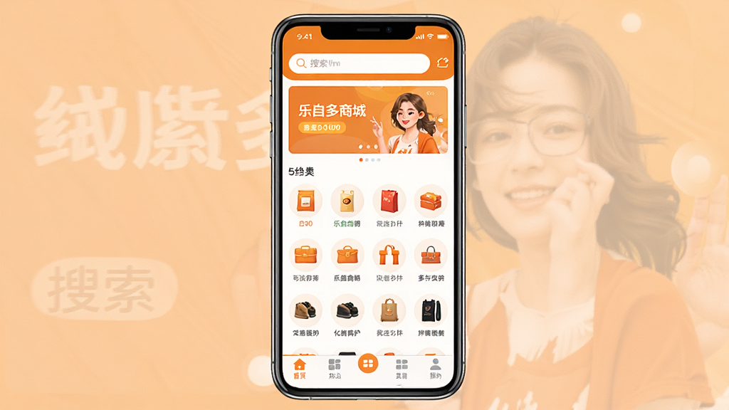 一张展示乐自多App核心界面的手机屏幕预览图,画面中央是一部竖屏智能手机,屏幕内显示乐自多商城的首页布局,顶部有搜索栏和轮播横幅,中部为商品分类图标网格,底部为导航菜单栏,整体配色以暖橙与白色为主,风格简洁明快,细节清晰,画质干净,无多余元素