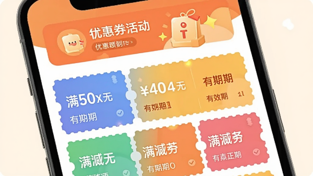 一张展示乐自多App优惠券领取页面的手机界面图,画面中手机屏幕显示多张彩色优惠券卡片,带有满减金额和有效期信息,顶部有活动横幅,整体风格温暖活泼,布局清晰,画质干净,无多余元素