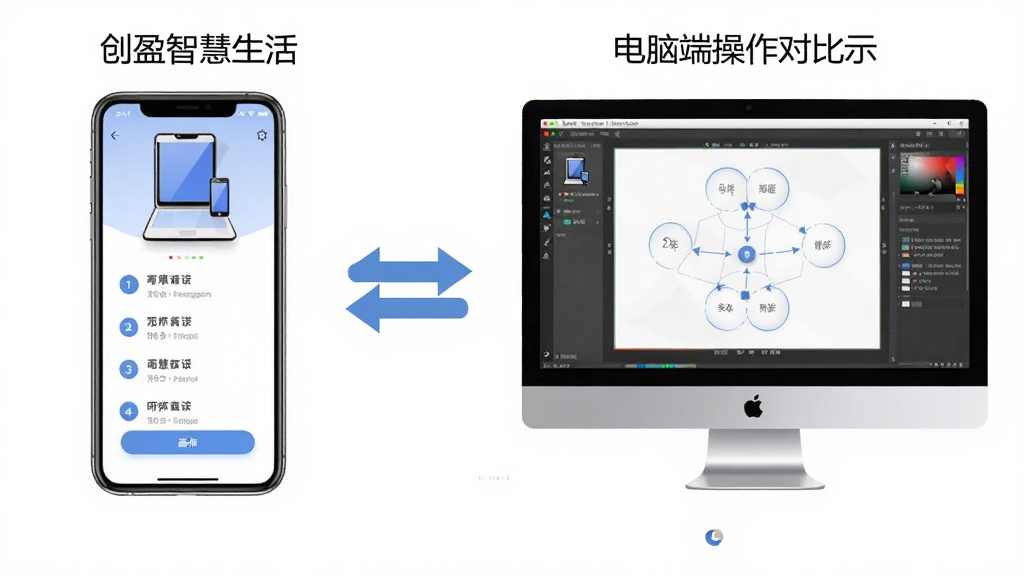 创盈智慧生活移动端与电脑端操作对比示意图,左侧展示手机界面,右侧展示电脑模拟器界面,中间用双向箭头连接,布局为左右对称,风格为简洁对比风,细节包含设备图标和操作步骤编号,画质清晰,干净,无多余元素