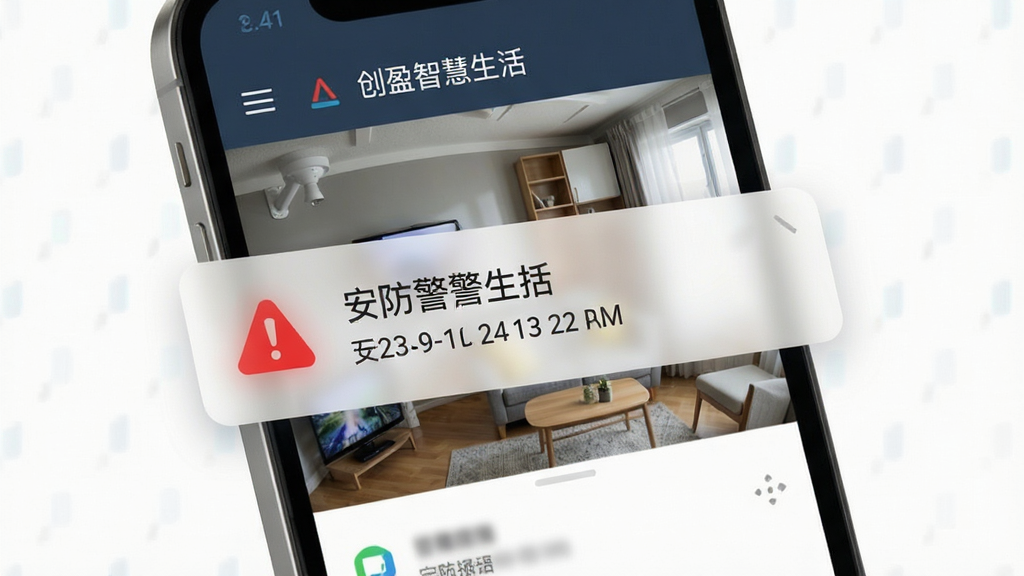 创盈智慧生活消息提醒界面,手机屏幕弹出安防警报通知,背景为家庭安防摄像头画面,布局为通知卡片叠加在手机界面之上,风格为警示科技风,细节包含红色警报图标和时间戳,画质清晰,干净,无多余元素