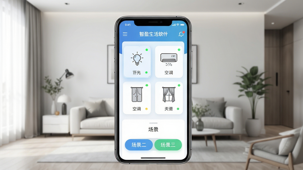 创盈智慧生活软件主界面展示,画面中央放置手机屏幕,屏幕内显示智能家居控制面板,包含灯光、空调、窗帘等设备图标,背景为现代简约客厅场景,布局采用居中构图,风格为科技清新风,细节包含设备状态指示灯和场景切换按钮,画质清晰,干净,无多余元素
