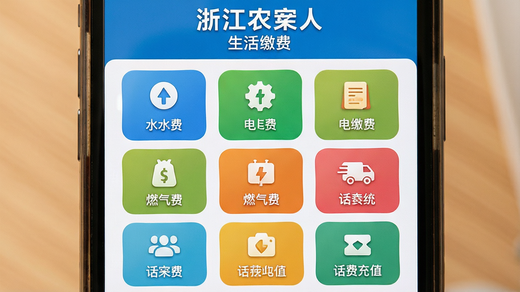 画面主体为手机屏幕呈现浙江农商人生活缴费界面,包含水费、电费、燃气费、话费充值等图标按钮。布局为九宫格排列,风格为温馨生活风,配色明快,细节精致,高画质,干净,无多余元素,屏幕中文字“浙江农商人”“生活缴费”。
