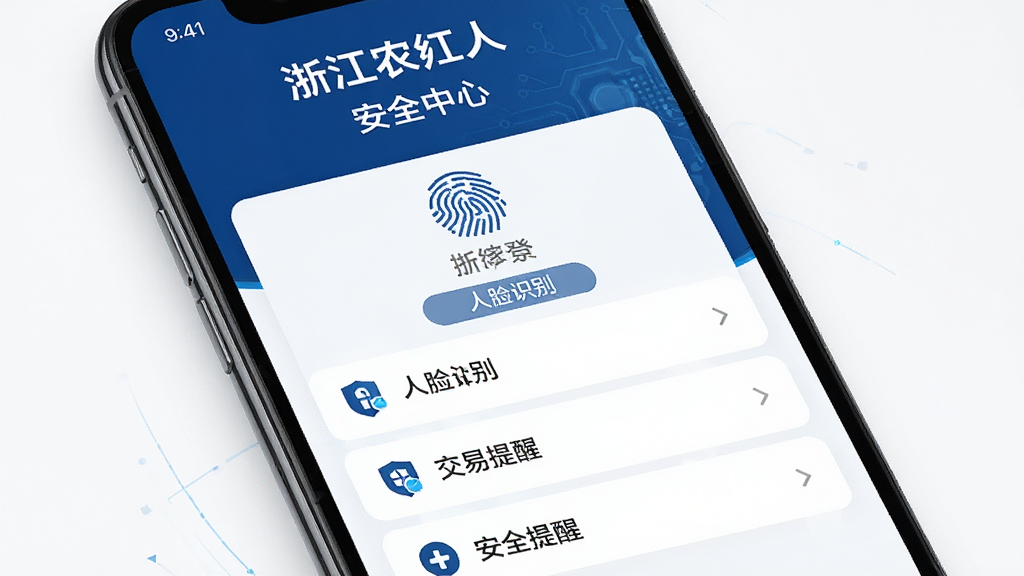 画面主体为手机屏幕显示浙江农商人安全中心界面,包含指纹登录、人脸识别、应用锁、交易提醒等安全设置选项。布局为列表式排列,风格为安全科技风,配色以深蓝与白色为主,细节清晰,高画质,干净,无多余元素,屏幕中文字“浙江农商人”“安全中心”。