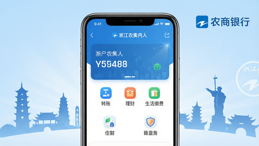 画面主体为一部智能手机居中摆放,屏幕显示浙江农商人应用主界面,包含账户余额、转账、理财、生活缴费等功能图标,布局简洁清晰。背景为浅蓝色渐变,融入浙江地标建筑剪影与农商银行标志元素。整体风格为现代金融科技风,画面干净明亮,细节精致,高画质,无多余元素,文字显示“浙江农商人”。