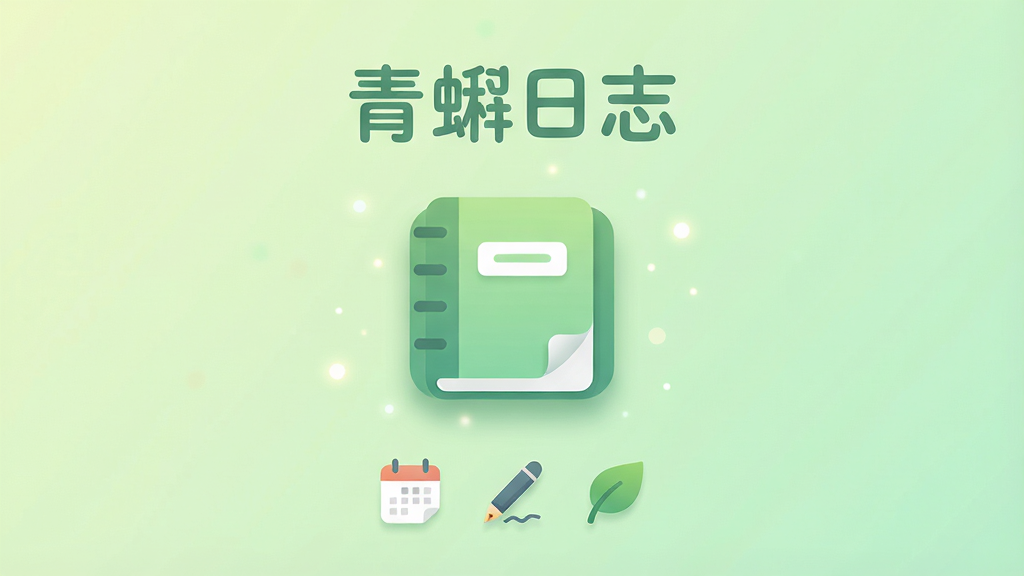 青蝌日志应用主界面展示,主体为一个简洁清新的日记本图标悬浮在淡绿色渐变背景中央,布局采用居中构图,上方用圆润字体写着“青蝌日志”,下方排列着日历、笔和叶子的小图标,排版疏朗有致,风格为扁平化清新治愈系,细节包括柔和的阴影和微光粒子点缀,画质高清,干净,无多余元素