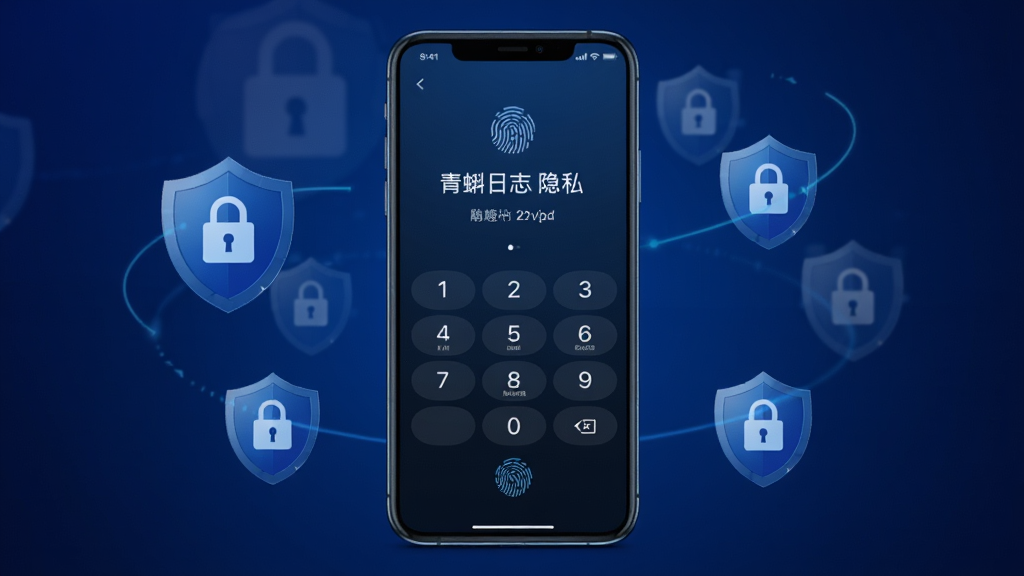 青蝌日志隐私保护功能展示,主体为一部智能手机屏幕显示密码解锁界面,背景为深蓝色渐变,布局为手机居中,周围环绕盾牌和锁的图标,排版简洁,风格为科技安全风,细节包括屏幕上的数字键盘和指纹识别图标,画质高清,干净,无多余元素