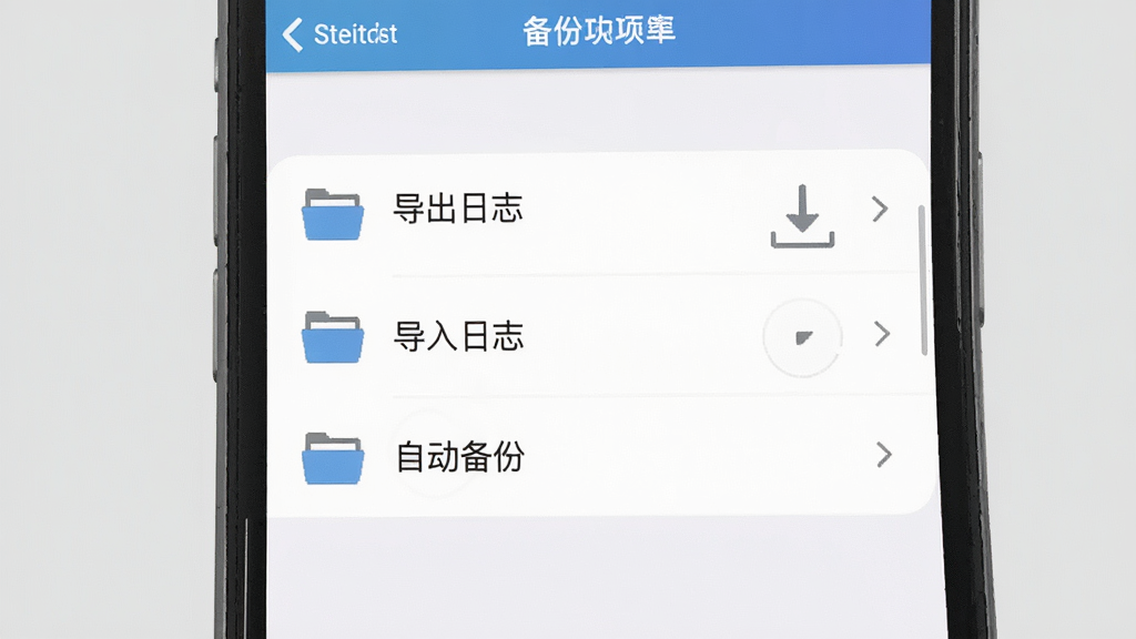 青蝌日志备份与恢复功能界面展示,主体为手机屏幕显示设置菜单中的备份选项,布局为手机正面展示,背景为浅灰色,排版为纵向列表,风格为简约工具风,细节包括“导出日志”“导入日志”“自动备份”等菜单项和文件夹图标,画质高清,干净,无多余元素