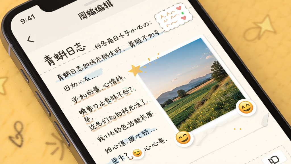 青蝌日志图文编辑界面展示,主体为手机屏幕显示一篇带有图片和心情表情的日志,布局为手机倾斜展示,背景为暖黄色调,排版为左侧文字右侧图片,风格为温馨手账风,细节包括屏幕上的文字行、插入的风景照片和笑脸表情图标,画质高清,干净,无多余元素