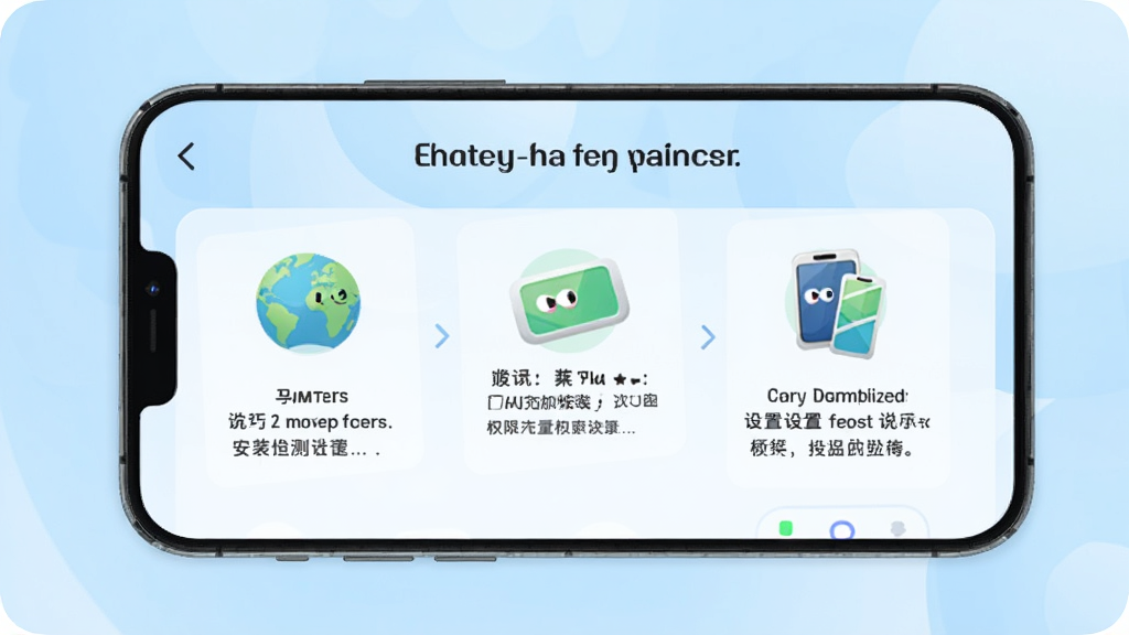 一部手机屏幕显示电池健康度检测软件的新手引导页面,页面以图文结合的方式展示安装步骤和权限设置说明,背景是浅蓝色渐变,画面风格清新友好,画质清晰,干净无多余元素。