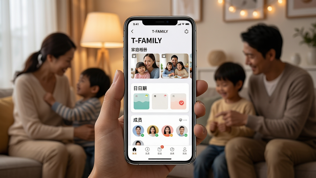一张展示家庭共享场景的写实图片,画面中央是一部智能手机屏幕显示“T-FAMILY”应用界面,界面包含家庭相册缩略图、日程卡片和成员头像列表,背景是温馨的客厅环境,有父母与孩子互动的模糊剪影,整体布局采用居中构图,手机位于视觉中心,风格为现代科技与家庭温暖融合,细节包括柔和的暖色灯光、清晰的UI文字“T-FAMILY”和“家庭相册”标签,画质为高清摄影级,干净无多余元素,无杂乱装饰。