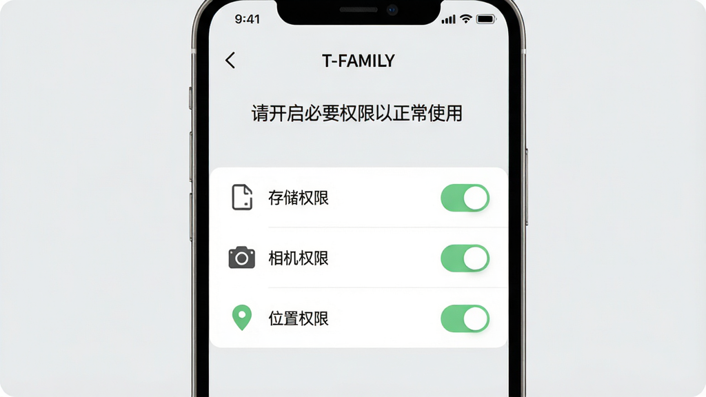 一张展示“T-FAMILY”新手设置引导界面的AI生图,画面主体为手机屏幕显示权限设置页面,列表项包括“存储权限”“相机权限”“位置权限”,每个项目右侧有开关按钮,屏幕上方有文字“请开启必要权限以正常使用”,布局采用手机居中,背景为浅灰色极简风格,细节包括清晰的图标、柔和的绿色开关高亮,画质为高清,干净无多余元素。