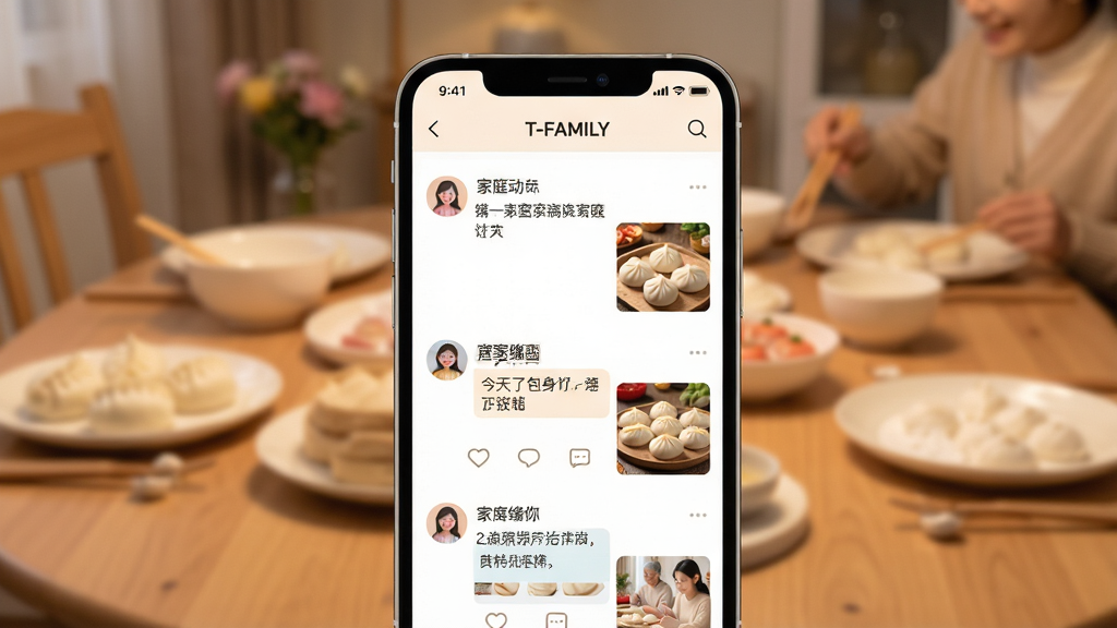 一张展示“T-FAMILY”私密家庭圈功能的AI生图,画面主体为手机屏幕显示家庭动态列表,每条动态包含用户头像、昵称、文字内容和配图,其中一条动态文字显示“今天包了饺子”,下方有点赞和评论图标,布局采用手机居中,背景为温馨的餐桌场景虚化,风格为温暖生活化UI展示,细节包括清晰的文字、柔和的色彩,画质为高清,干净无多余元素。