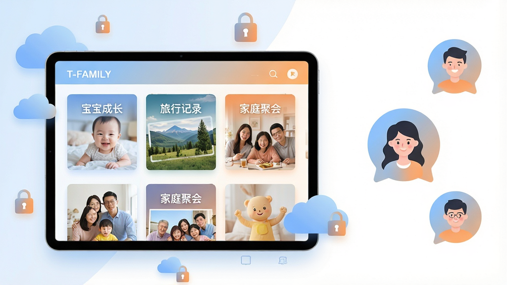 一张展示“T-FAMILY”家庭共享相册功能的AI生图,画面主体为一部横向放置的平板电脑,屏幕内显示多个相册封面,封面文字清晰可见“宝宝成长”“旅行记录”“家庭聚会”,每个封面配有一张代表性照片,平板周围有漂浮的云朵图标和锁形图标象征云端加密,布局采用三分法,平板位于左侧,右侧留白处点缀家庭成员头像气泡,风格为扁平化科技插画,细节包括柔和的蓝色与橙色渐变、清晰的UI文字,画质为4K高清,干净无多余元素。