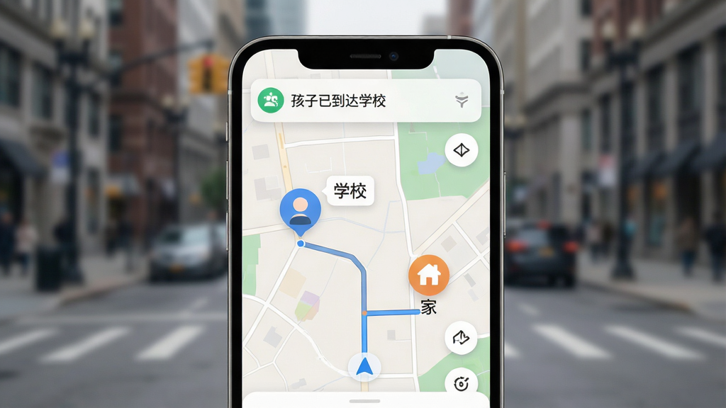 一张展示“T-FAMILY”位置关怀功能的AI生图,画面主体为手机屏幕显示家庭地图界面,地图上有三个不同颜色的头像标记代表家庭成员,其中一个标记旁有“学校”文字标签,另一个标记旁有“家”文字标签,屏幕上方有通知横幅显示“孩子已到达学校”,布局采用手机居中,背景为虚化的城市街道,风格为现代写实UI展示,细节包括清晰的导航路线、柔和的地图配色,画质为高清,干净无多余元素。