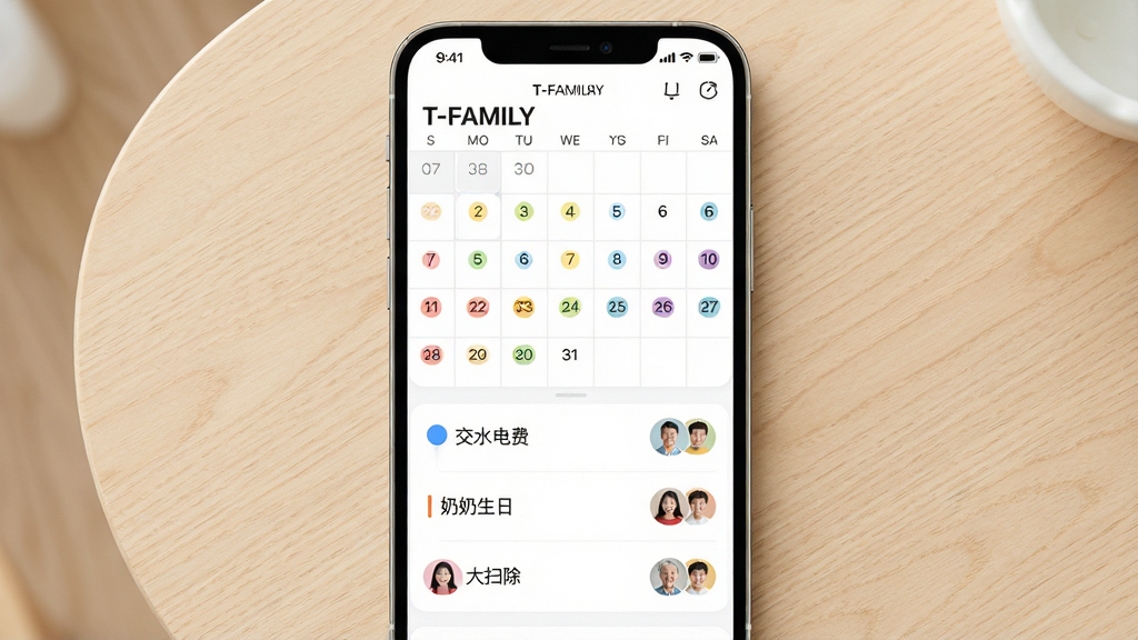 一张展示“T-FAMILY”家庭日程协同功能的AI生图,画面主体为一块竖屏手机显示共享日历界面,日历中不同日期标注了彩色圆点,下方列表显示“交水电费”“奶奶生日”“大扫除”等事件,每个事件旁有家庭成员头像,布局采用手机居中,背景为浅色木纹桌面,风格为清新简约的UI展示,细节包括清晰的文字标签、柔和的阴影,画质为高清,干净无多余元素。