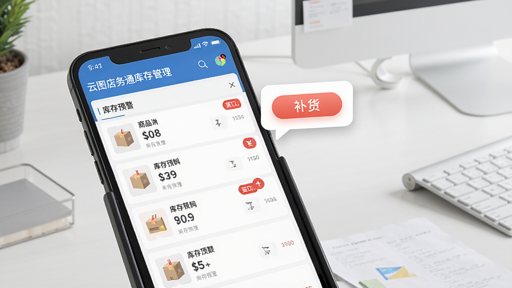 云图店务通库存管理界面,手机屏幕显示商品列表与库存预警红色标记,旁边有补货按钮与消息提示气泡,背景为整洁的办公桌面,风格简约商务,细节清晰,画质干净,无多余元素