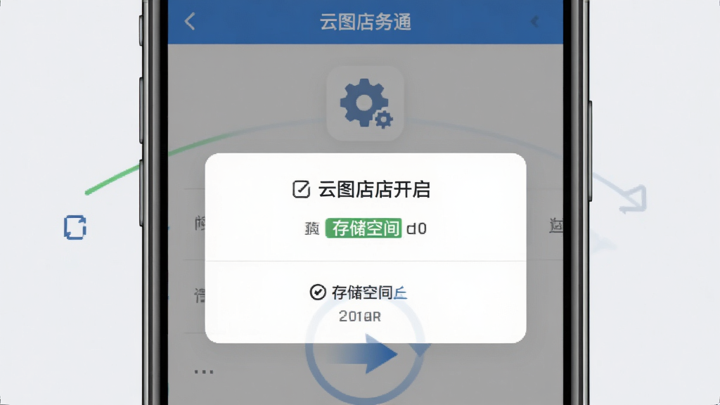 云图店务通安装设置界面,手机屏幕显示权限开启弹窗与存储空间提示,旁边有齿轮图标与数据同步箭头,背景为浅灰色,风格清爽极简,细节清晰,画质干净,无多余元素
