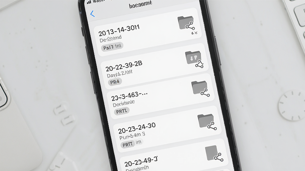 画面展示专业手机录音机App的文件管理页面,手机屏幕中排列着多条录音文件卡片,卡片上标注日期、时长与格式标签,背景为浅灰色桌面,布局为纵向列表,风格为清爽简约风,细节包含分享按钮与文件夹图标,画质清晰,画面干净,无多余元素。