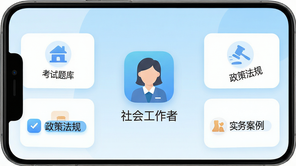 社会工作者软件主界面展示,手机屏幕中央显示社会工作者应用图标和名称,背景为淡蓝色渐变,屏幕内展示考试题库、政策法规、实务案例等模块入口,整体布局简洁清晰,风格为扁平化UI设计,细节包括图标圆角、文字清晰、按钮高亮,画质高清,干净,无多余元素