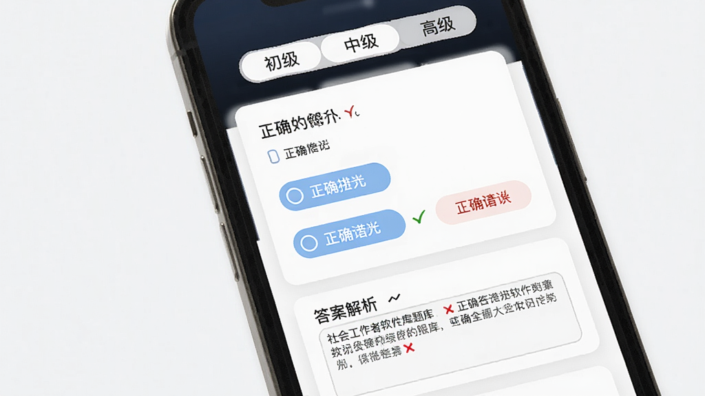 社会工作者软件题库界面展示,手机屏幕中显示一道道选择题和答案解析,屏幕上方有初级、中级、高级标签切换,背景为白色卡片式布局,风格为清新简约,细节包括选项按钮、正确错误标记、解析文字框,画质清晰,干净,无多余元素
