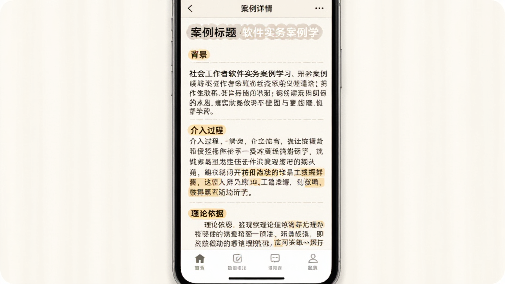 社会工作者软件实务案例学习界面,手机屏幕展示案例详情页,包含案例标题、背景描述、介入过程文字和理论依据标注,背景为米白色,风格为阅读友好型排版,细节包括段落分隔、重点高亮、底部导航栏,画质清晰,干净,无多余元素