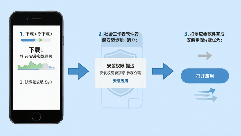 社会工作者软件安装步骤示意图,手机屏幕展示从下载到安装完成的流程,包括下载进度条、安装权限提示、打开应用按钮,背景为浅蓝色,风格为教程图解,细节包括箭头指示、步骤编号、文字说明,画质高清,干净,无多余元素