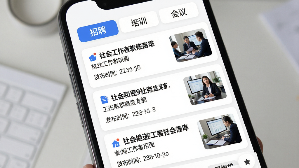 社会工作者软件行业资讯推送界面,手机屏幕显示资讯列表,每条资讯带有标题、来源、发布时间和缩略图,屏幕顶部有“招聘”“培训”“会议”等分类标签,背景为白色,风格为现代资讯流布局,细节包括卡片间距、字体层级、图标点缀,画质高清,干净,无多余元素