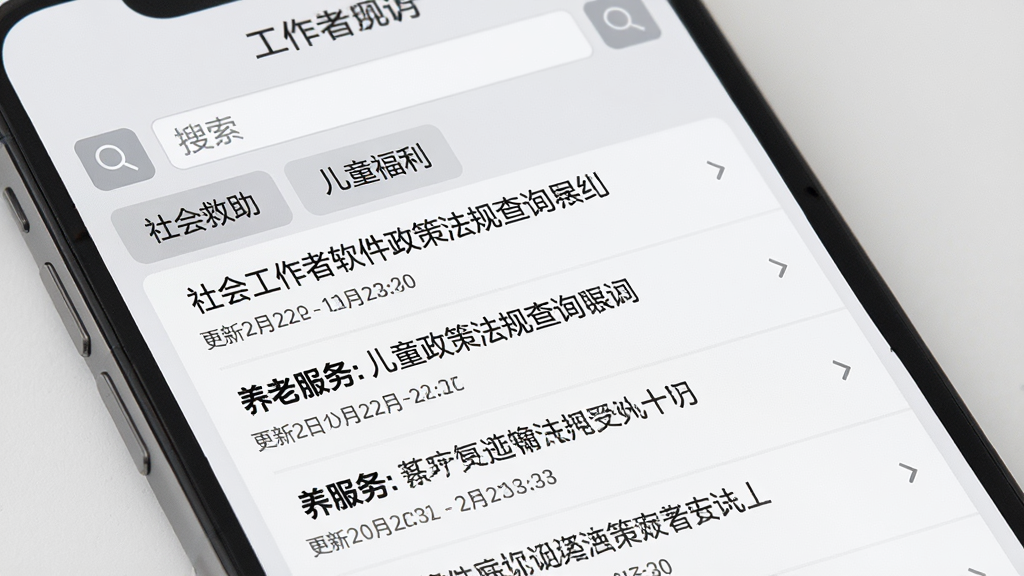社会工作者软件政策法规查询界面,手机屏幕显示法规列表和搜索框,屏幕内出现“社会救助”“儿童福利”“养老服务”等分类标签,背景为浅灰色,风格为商务简洁,细节包括搜索图标、法规标题、更新日期标注,画质高清,干净,无多余元素