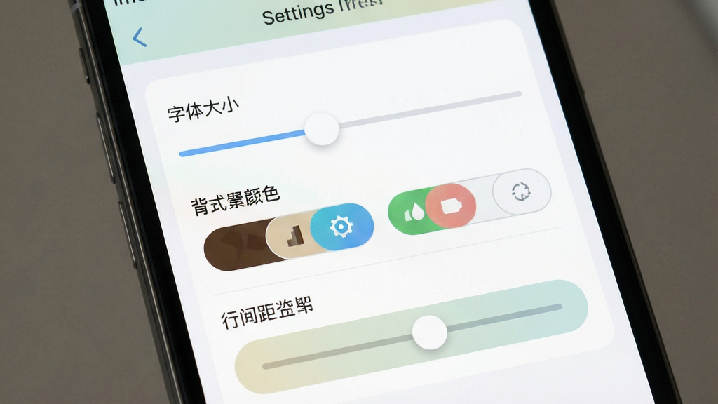 手机屏幕展示掌中物阅读设置界面,界面中包含字体大小滑块、背景颜色选项、行间距调节按钮,主体为设置面板,布局清晰分栏,风格扁平化设计,细节包括柔和色调、清晰标签文字,画质细腻,干净无多余装饰