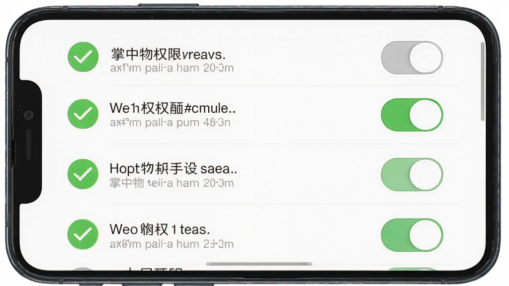 掌中物新手设置引导界面截图,手机屏幕显示掌中物权限管理页面,主体为权限开关列表,布局清晰,风格简洁明快,细节包括绿色勾选图标、灰色未选状态、清晰的权限说明文字,画质清晰,干净无多余元素