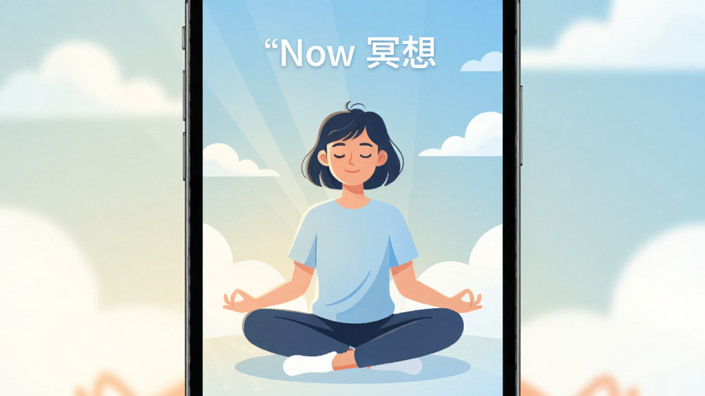 手机屏幕中显示Now冥想应用界面,一位年轻人闭眼盘坐在柔和的晨光中,背景是淡蓝色渐变与漂浮的云朵,画面中央有