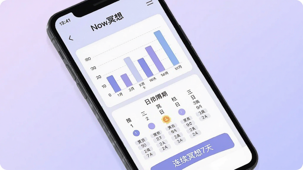 手机屏幕显示Now冥想使用报告页面,包含柱状图、日历打卡记录和